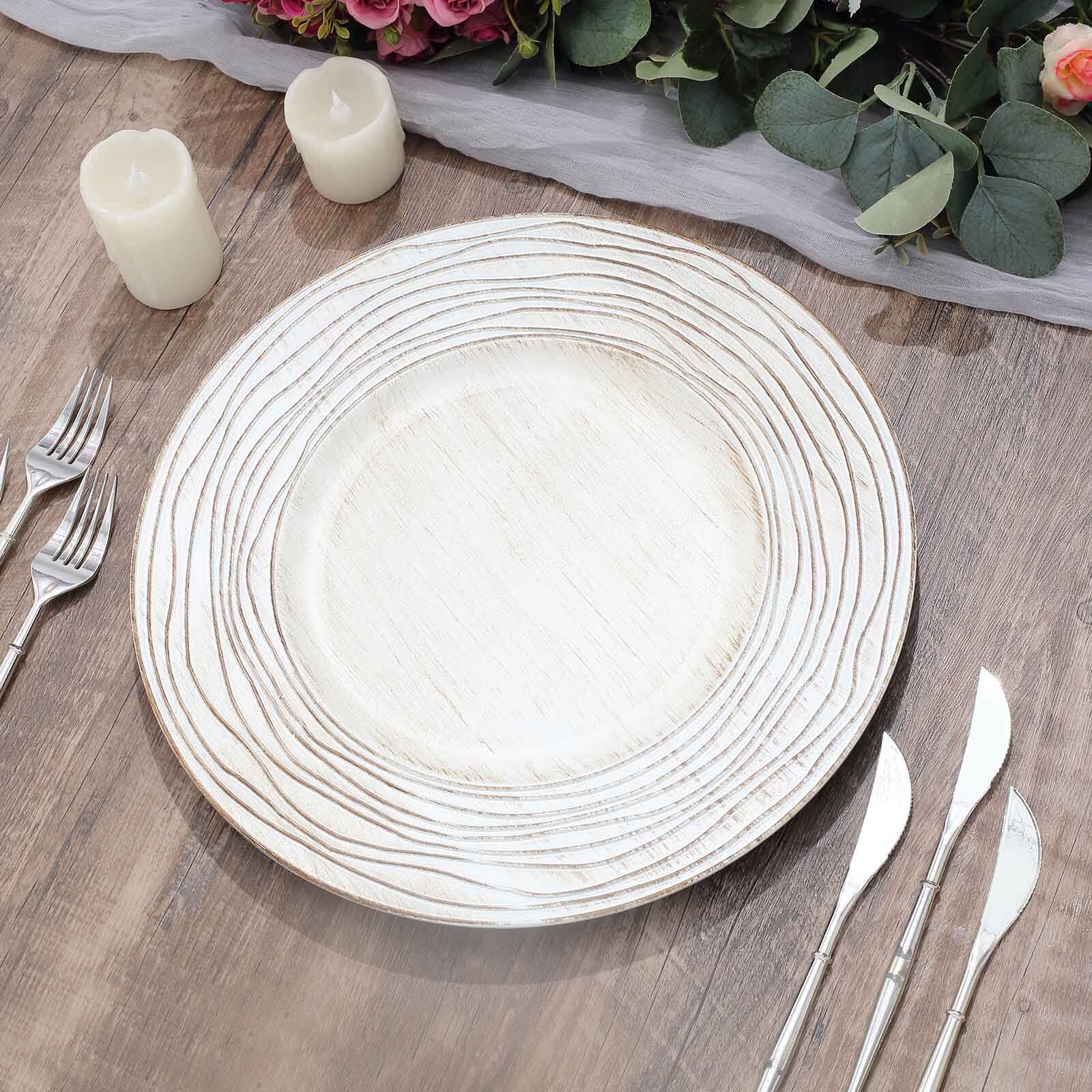 6-Pack Faux Wood Charger Plates 13" Round White Washed Rose Embossed Rim - Disposable Plastic Charger Tableware