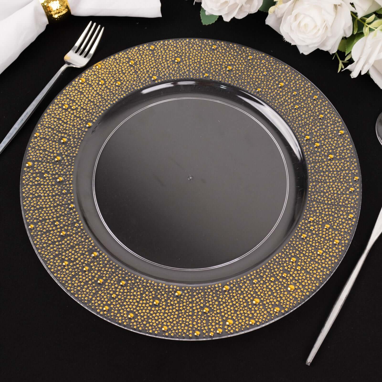 6-Pack Plastic Charger Plates 13" Round Clear with Gold Pearl Beaded Rim - Upscale Dinner Serving Plates